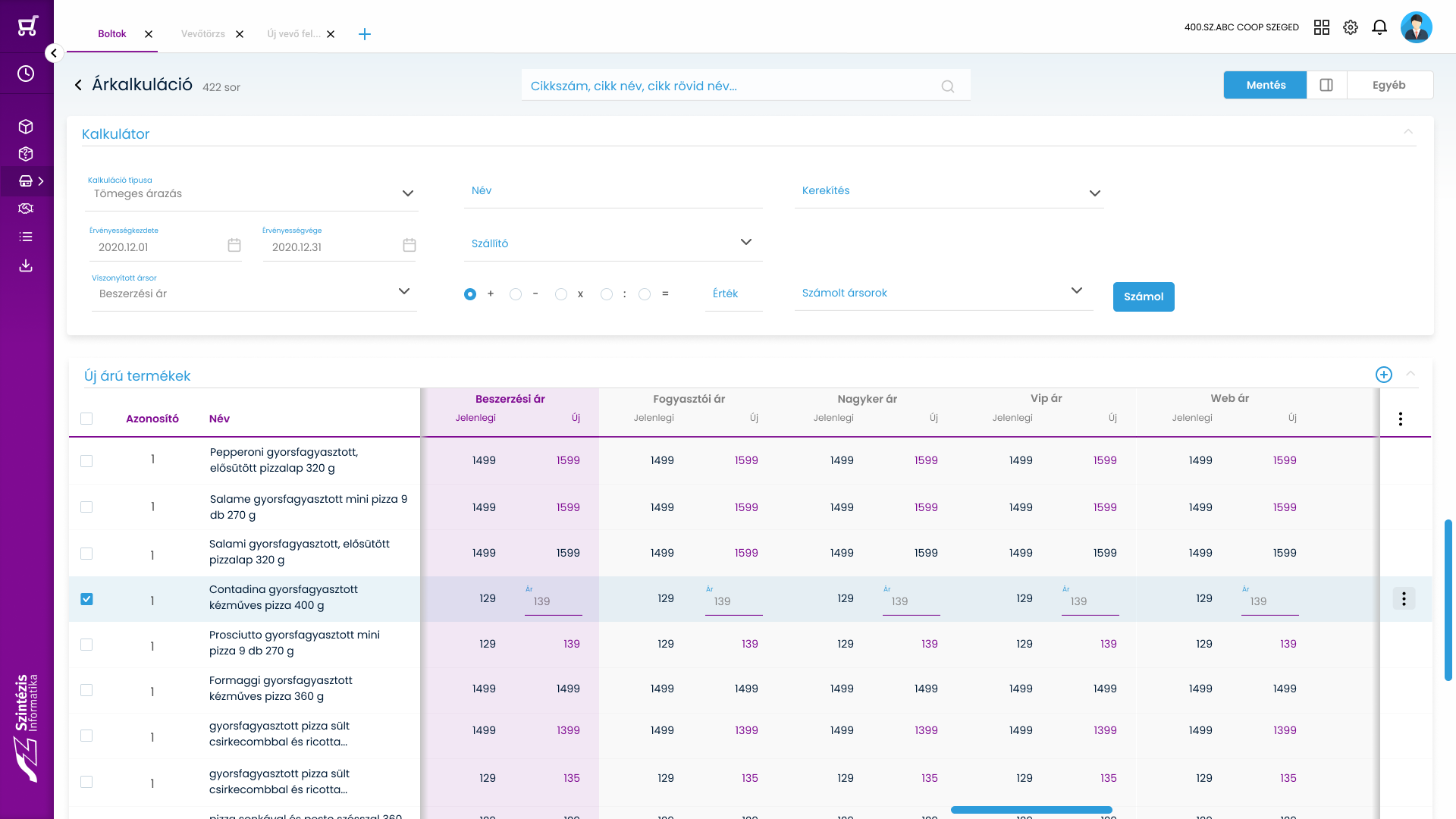 Termeklista info